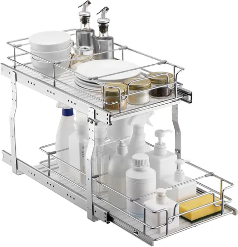 Miniatura 10 de VEVOR Organizador de Gabinete Extraíble de 2 Niveles 18.7"An×21"Pr×3.2"Al, Estantes de Despensa Deslizables de Servicio Pesado, Cajones Deslizantes