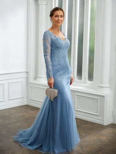 Miniatura 5 de Vestidos de fiesta de sirena para mujer, con apliques de encaje, tul de manga larga, vestido de noche formal
