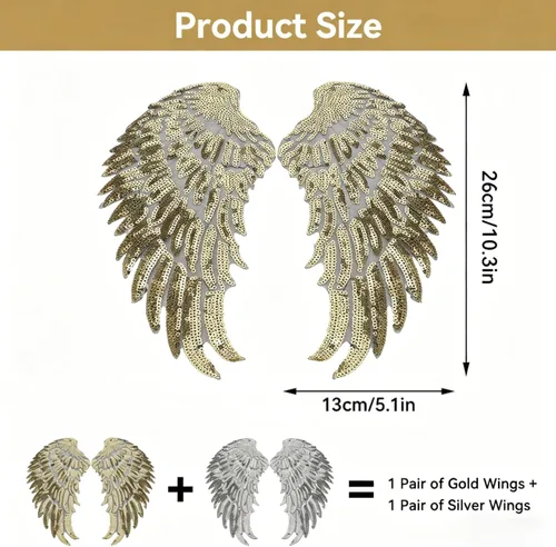Miniatura 2 de 2 pares de parches de lentejuelas con alas de ángel grandes, apliques decorativos para planchar para ropa, chaquetas, jeans, vestidos, faldas