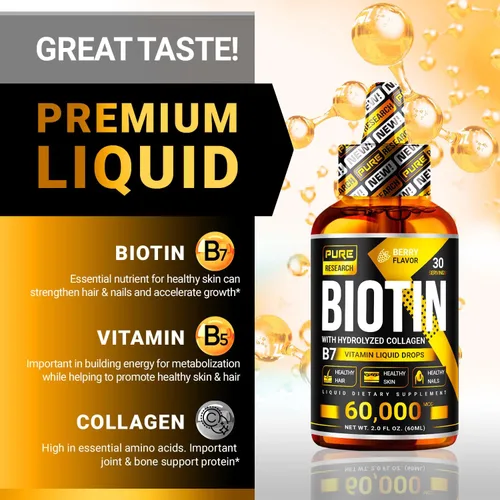 Miniatura 3 de PURE RESEARCH Biotina y Colágeno 60,000mcg Gotas Líquidas para el Crecimiento del Cabello, Apoya: Uñas Fuertes, Piel Radiante, Crecimiento Saludable