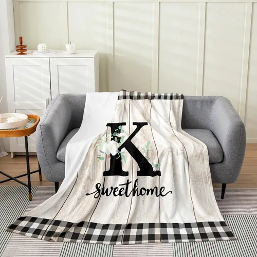 Miniatura 27 de Erosebridal Flower Initial S Flannel Blanket White Floral Flowers Fleece Blanket,40"X50",Personalized Letters Fuzzy Plush Throw for Sofa Beige Negro