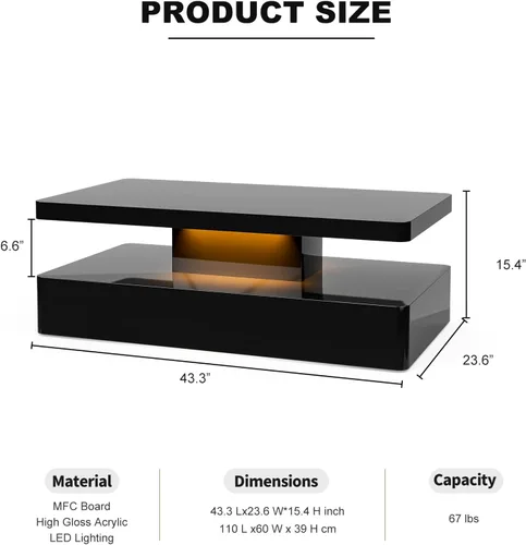 Miniatura 2 de Mesa de centro LED moderna, mesa de centro negra de alto brillo con luces LED de 16 colores, rectangular, 43.3 x 23.6 x 15.4 pulgadas Negro