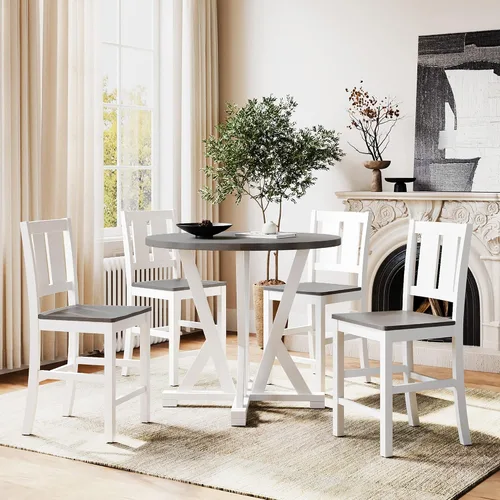 Miniatura 13 de Juego de mesa de comedor redonda clásica de 5 piezas con patas de forma especial y respaldo hueco para silla, para comedor, cocina, apartamento
