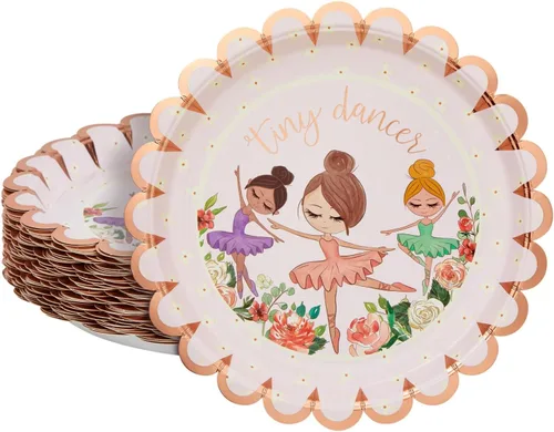 BLUE PANDA Platos de bailarina de papel dorado festoneado, 9 pulgadas, rosa y dorado, 48 unidades, pequeños platos de bailarina para cumpleaños de