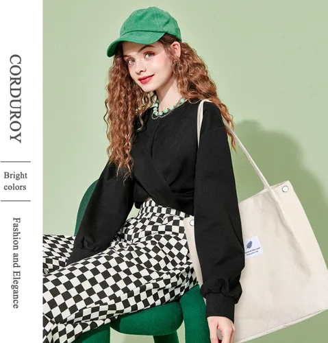 Miniatura 6 de Bolsas de pana para mujer, bolsa de pana de gran capacidad, reutilizable, con bolsillos interiores