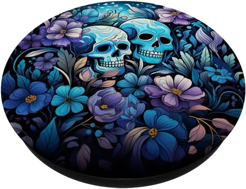 Miniatura 2 de PopSockets de arte floral púrpura con diseño de calavera de esqueleto de flores silvestres verde azulado y azul