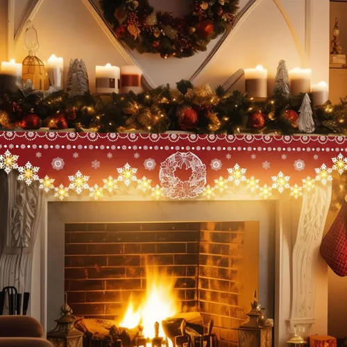 Miniatura 3 de Nuanchu Bufanda de mantel de Navidad de 96 x 18 pulgadas, bufanda roja iluminada para chimenea con decoración de corona de copo de nieve, cubierta