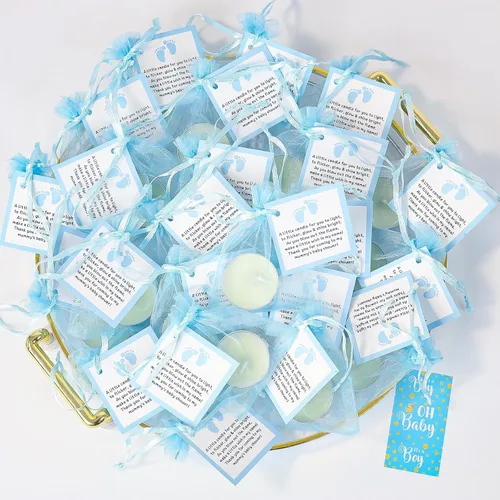 Miniatura 2 de Juego de 50 velas de té para recuerdos de fiesta de baby shower, recuerdos de bautizo para invitados, recuerdos de revelación de género de bebé Azul