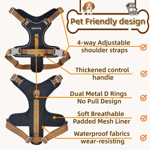 Miniatura 4 de Arnés negro para perro sin tirones con 2 clips para correa, acolchado suave ajustable, chaleco reflectante Oxford sin estrangulamiento para mascotas