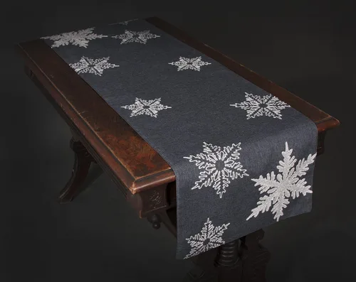 Miniatura 2 de XD17141 - Camino de mesa de Navidad bordado con copos de nieve, 16 x 70 pulgadas, color gris