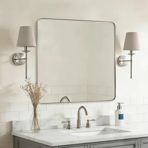 Miniatura 3 de ANDY STAR Espejo cuadrado de níquel cepillado para baño, espejo de pared de marco de metal plateado de 24”x24”, espejo de acero inoxidable