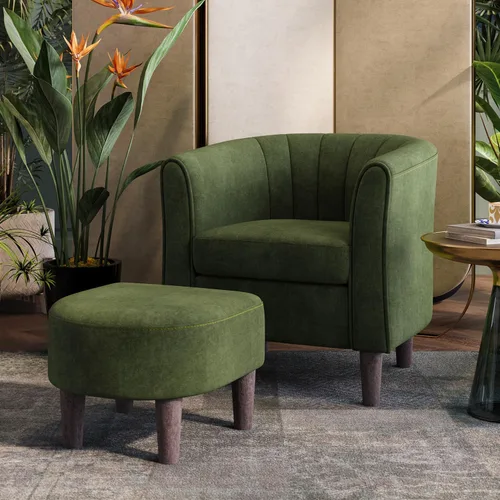 Miniatura 17 de LINSY Silla decorativa con otomana, sillón moderno, cómoda silla de lectura de barril con reposapiés para sala de estar, dormitorio, sala de Beige