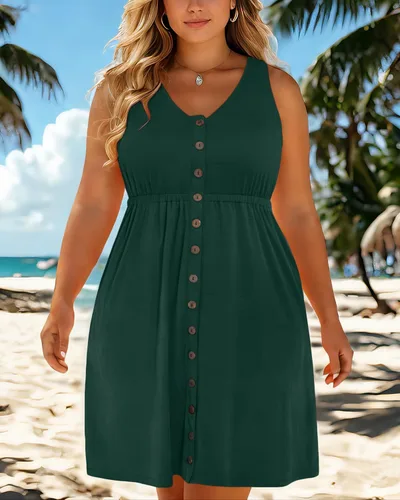 Miniatura 12 de Holipick Vestidos de verano para mujer, talla grande, casual, con bolsillos, acampanado, con botones, sin mangas, cuello en V