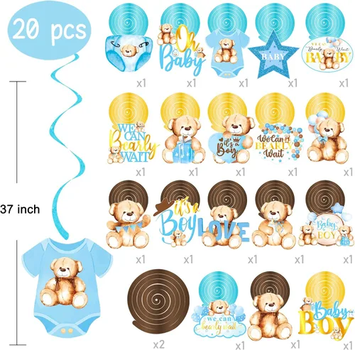 Miniatura 2 de 20 piezas de oso de peluche colgantes con diseño de remolinos We Can Bearly Wait Baby Shower Decoraciones It's a Boy Ceiling Swirl Bear Baby Shower