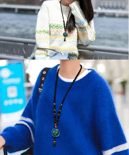 Miniatura 3 de Collar largo vintage hecho a mano con cuentas de madera turquesa para mujer joyería de moda Metal