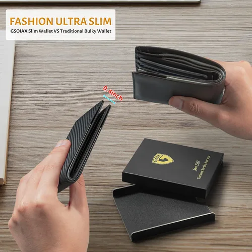 Miniatura 3 de GSOIAX Cartera delgada de cuero plegable RFID para hombre, billetera minimalista con bolsillo frontal con clip para dinero, 12 ranuras para Negro