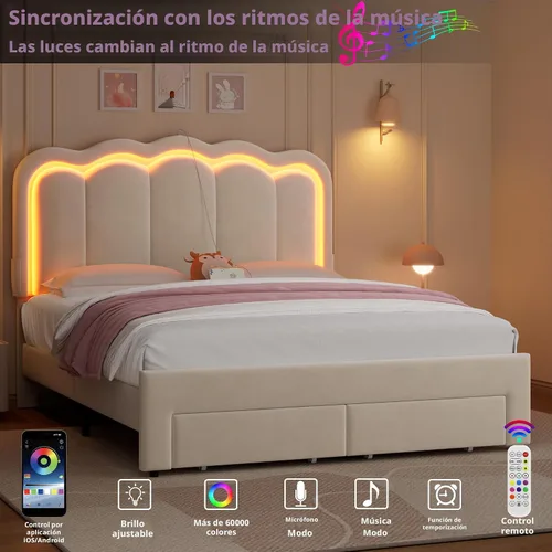 Miniatura 5 de Base de cama LED tapizada tamaño Queen con 2 cajones de almacenamiento y cabecera doble ondulada ajustable, cama de plataforma de princesa de Beige