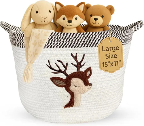 Miniatura 9 de Cesta de almacenamiento de conejo para guardería, cubo grande de cuerda de algodón de 15 x 11 pulgadas con parche bordado suave de conejo