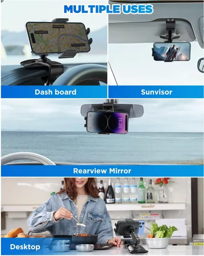 Miniatura 6 de IPOW Soporte de clip para teléfono del tablero del automóvil, rotación de 360 grados, soporte de abrazadera para teléfono del tablero y volante