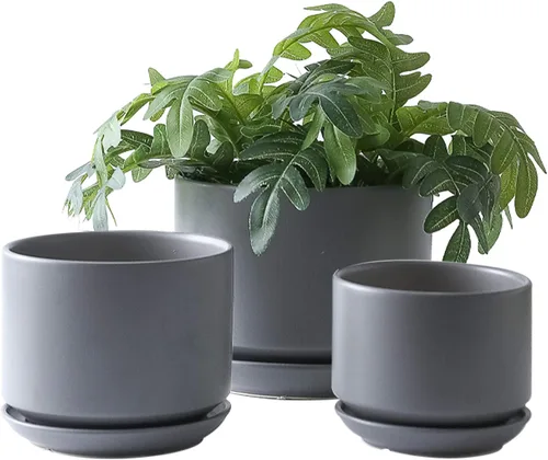 Miniatura 6 de Yishang Macetas suculentas de cerámica esmaltada de 6.7 + 5.3 + 4.1 pulgadas con platillos conectados, macetas redondas de cerámica modernas