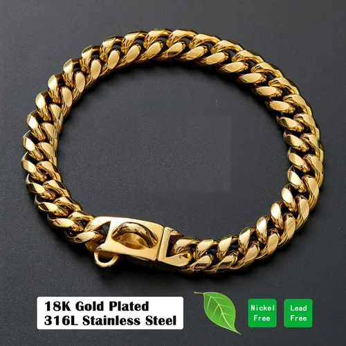 Miniatura 4 de Collares fuertes de acero inoxidable dorado para perros con cierre de hebilla de seguridad, collar de entrenamiento de cadena de eslabones cubanos
