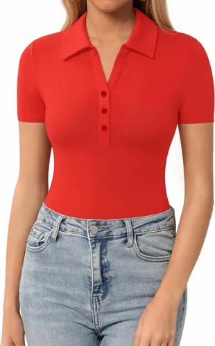 Miniatura 15 de HERLOLLYCHIPS Womens Short Sleeve Tops V Neck Button Down Collared Fitted Shirts