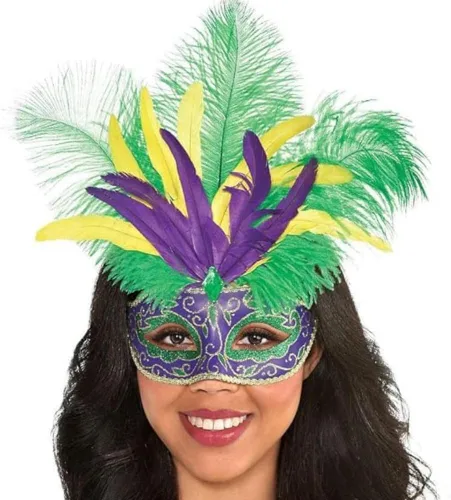 Miniatura 2 de Máscara de plumas de diamante Mardi Gras con purpurina brillante, 12.5 x 7 pulgadas (1 unidad), perfecta para bailes de máscaras, fiestas