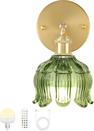 Aplique de pared vintage a batería con pantalla de flores, luces de pared recargables a pilas, lámpara de pared con 15 colores para dormitorio, sala