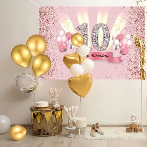Miniatura 3 de Decoraciones de cumpleaños número 10 para niñas, cartel de fondo de feliz cumpleaños número 10, cartel de tela para fiesta de 10 años de edad