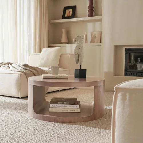 Miniatura 7 de Mesa auxiliar redonda con almacenamiento, mesa moderna de sala de estar de 31 pulgadas, mesas centrales de madera circulares de 2 niveles para Rosa
