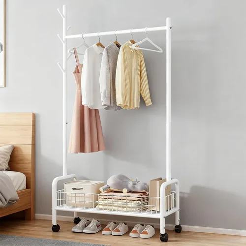 Miniatura 13 de Perchero con estantes de almacenamiento, perchero resistente con ruedas para dormitorio, sala de estar, organización de lavandería