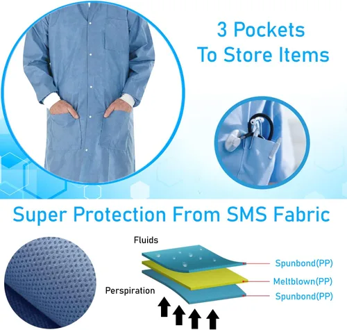 Miniatura 5 de Distributors - Abrigo de laboratorio desechable SMS de alto rendimiento con puños y cuello de punto, 3 bolsillos, longitud al muslo envuelta