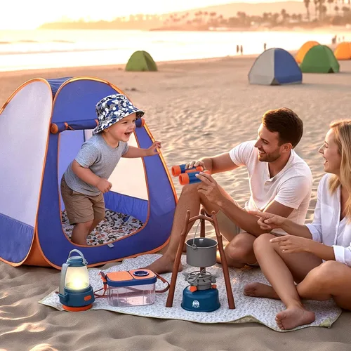 Miniatura 7 de Meland Juego de camping para niños con tienda de campaña, juguete de equipo de campamento con juego de simulación, juguete al aire libre para niños