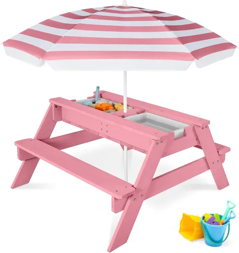 Miniatura 9 de Best Choice Products Mesa de arena y agua 3 en 1 para niños, mesa de picnic convertible de madera para exteriores con paraguas, 2 bandejas, parte