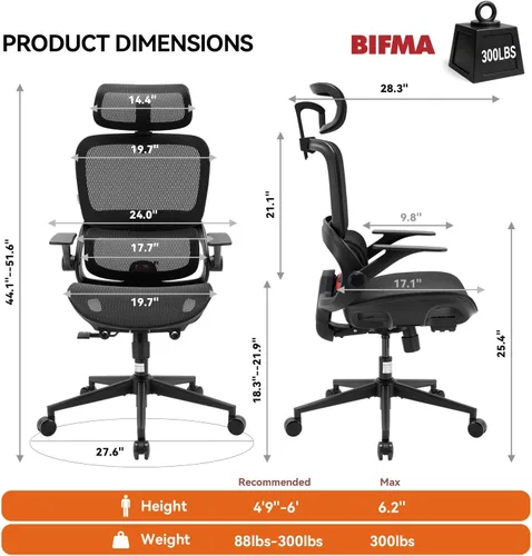 Miniatura 2 de SIHOO B100 Office Chair, Ergonomic Office Chair Without Footrest, Computer Chair with Wide Headrest & Adaptive Lumbar Support, Flip-up Armrests