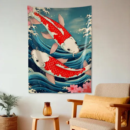QEOPGNE Tapiz de pared grande con diseño de pez Koi, grandes olas japonesas, flores de cerezo, banderas retro para habitación, sala de estar,