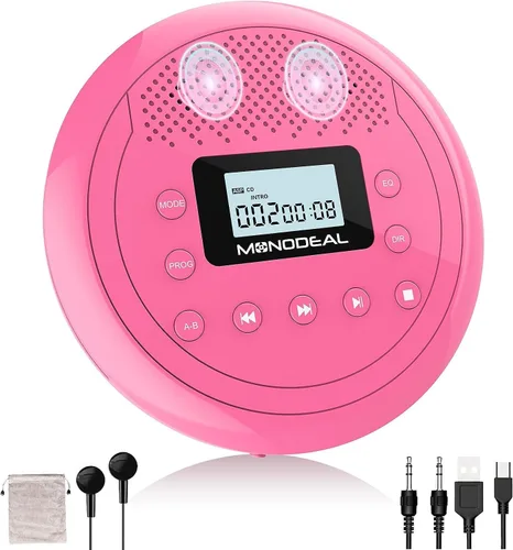 Reproductor de CD recargable MONODEAL con altavoces, reproductor de CD antideslizante para automóvil y hogar, reproductor portátil con auriculares