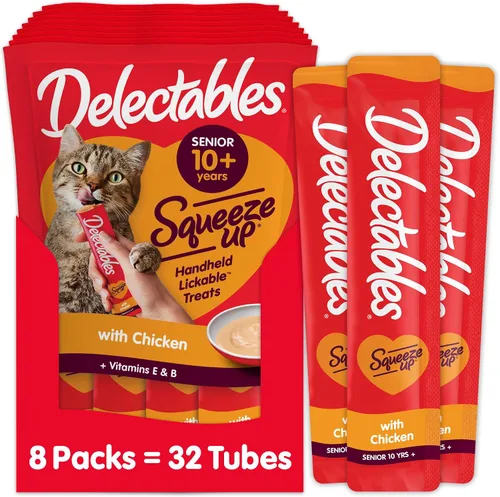 Delectables Squeeze Up - Puré cremoso exprimible, golosinas húmedas para lamer para gatos, sin granos, sin rellenos añadidos, sin subproductos, sin