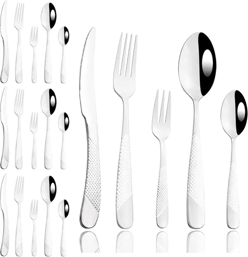 Miniatura 12 de JASHII Rainbow - Juego de cubiertos martillados, 20 piezas de utensilios de cocina de acero inoxidable de alta calidad, para 4, incluye tenedor