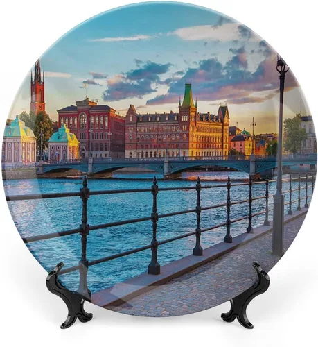 Miniatura 10 de XISUNYA Plato decorativo de 6 pulgadas, placa de porcelana con paisaje urbano, puente histórico antiguo en Budapest, impresión tradicional europea