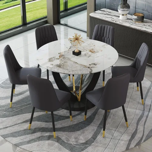 Miniatura 10 de JUFU Juego de mesa de comedor redonda para 4, mesa de comedor de 48 pulgadas con mesa de mármol sintético y 4 sillas tapizadas, moderno juego