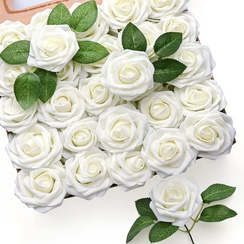 Miniatura 11 de Mocoosy 50 rosas artificiales, rosas polvorientas para decoraciones, rosas falsas de espuma de tacto real a granel con tallos, ramos de boda, Rosa