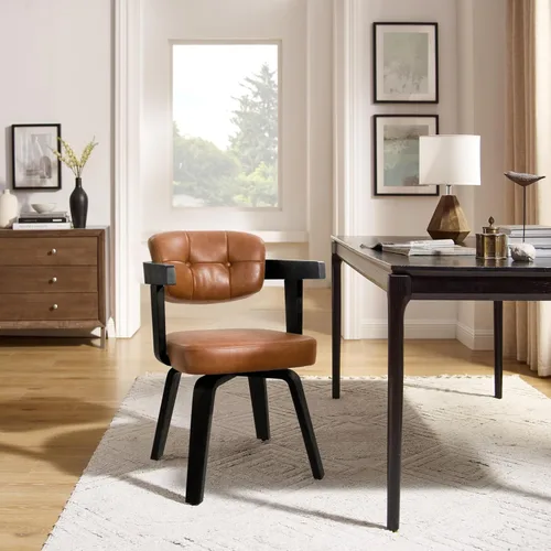 Miniatura 10 de Art Leon Silla de oficina sin ruedas, moderna de mediados de siglo, silla de escritorio tapizada de tela sin ruedas, silla con brazo decorativo
