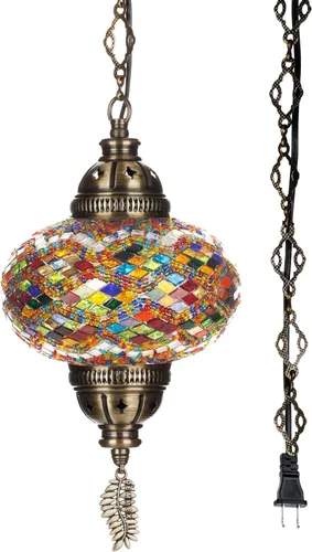 Miniatura 3 de DEMMEX Lámpara Colgante de Techo de Mosaico Turco Marroquí Enchufable – Luminaria Tipo Swag con Cable de 15 pies y Cadena, Vidrio Hecho a Mano