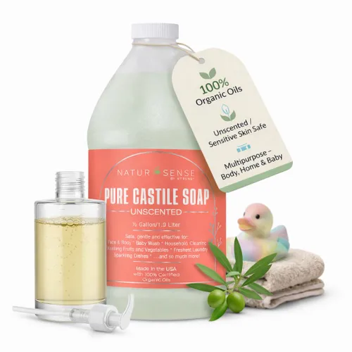 Jabón líquido orgánico de Castilla sin perfume, 64 onzas, jabón suave para bebés, gel de baño, jabón de manos, champú, lavado de mascotas y