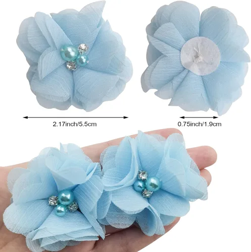 Miniatura 2 de 30 apliques de tela de gasa azul perla con diamantes de imitación para ropa, diademas de flores, manualidades, decoración de fiestas, apliques