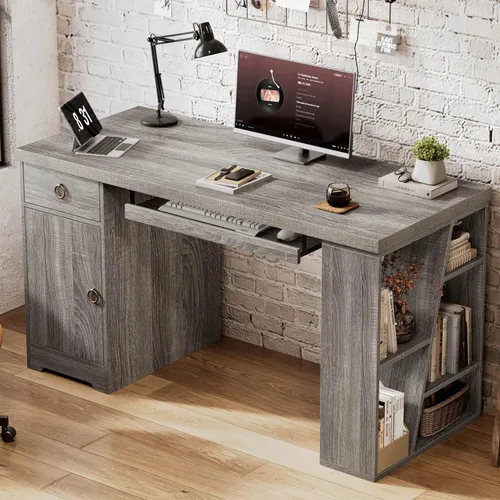Miniatura 7 de HSH Escritorio para computadora de oficina de 55 pulgadas con cajones, escritorio ejecutivo gris rústico con estantes de almacenamiento y gabinete