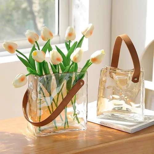 Miniatura 5 de Cuero hecho a mano - Bolso de mano - Estilo florero de cristal - Elegancia simple para tu espacio (ámbar)