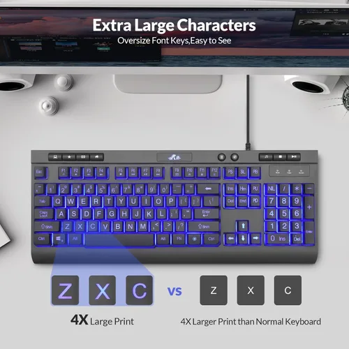 Miniatura 2 de Rii RK900Pro Teclado retroiluminado de impresión grande, teclado USB de tamaño completo con cable con retroiluminación azul, compatible con Windows