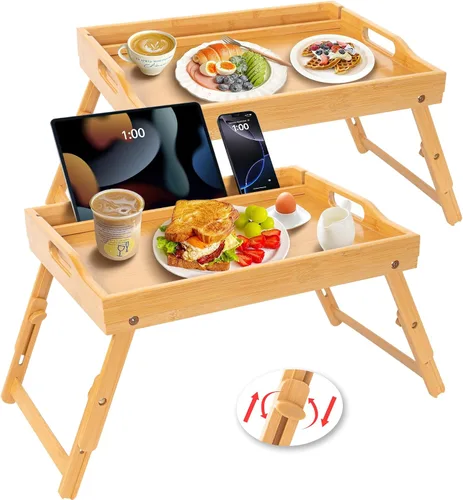 Miniatura 11 de Greenual Paquete de 2 Bandejas de Cama con Asas y Patas Plegables, Bandeja de Bambú para Desayuno con Ranura para Medios, Usar como Bandeja, Blanco